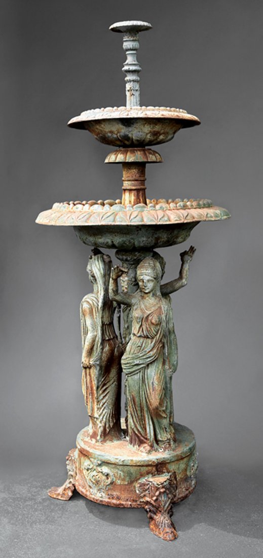 Two-Tiered Cast Iron Fountain: Antique Two-Tiered Cast Iron Fountain, graduated basins with foliate moldings, standard with addorsed figures of the three Graces, plinth base, shell and foliate feet, h. 90 in., w. 36 in. Provenance: