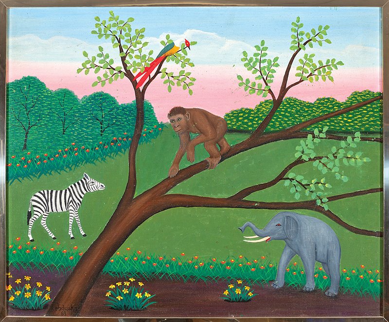 Lawrence Lebduska (American/German, 1894-1966): Lawrence Lebduska (American/German, 1894-1966), "Zebra, Elephant, Tropical Bird and Monkey", 1963, oil on canvas, signed and dated lower left, inscribed en verso, 25 in. x 30 in., framed