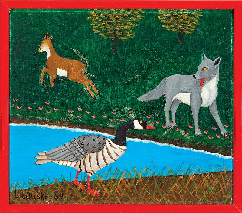 Lawrence Lebduska (American/German, 1894-1966): Lawrence Lebduska (American/German, 1894-1966), "A Fox, Goose and Deer", 1964, oil on formica, signed and dated lower left, 11 1/4 in. x 13 1/8 in., framed