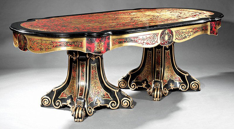 Boullework and Black Lacquered Dining Table: Attractive Napoleon III-Style Boullework and Black Lacquered Dining Table, shaped boullework top fitted with glass, conforming frieze, pair of incurvate pedestals, scrolled feet, h. 31 1/4 in., l. 89