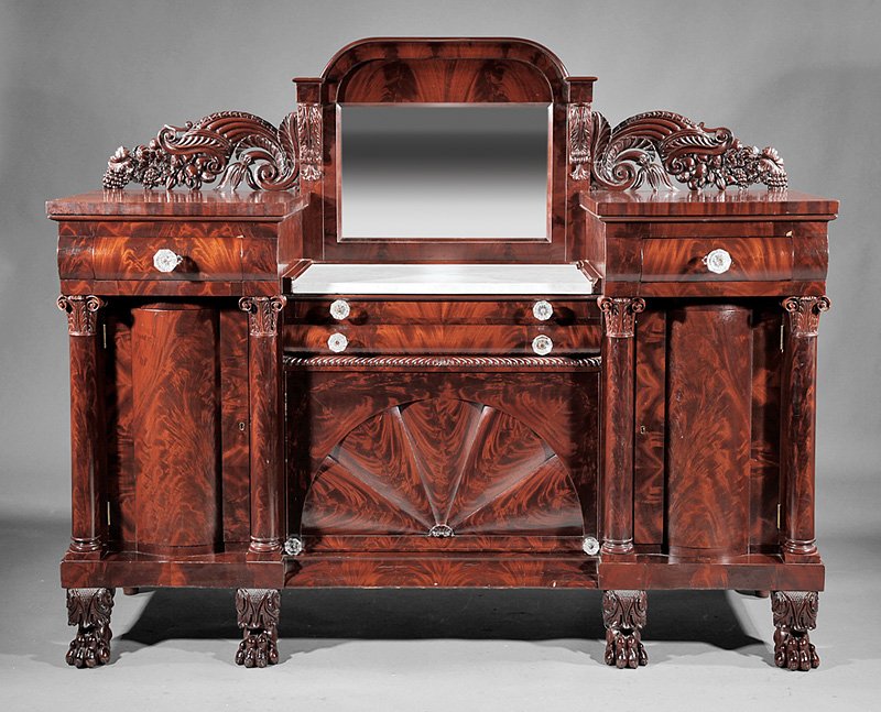 Carved Mahogany Sideboard attr. Quervelle: American Classical Carved Mahogany Sideboard, c. 1820-30, attr. to Anthony Quervelle, Philadelphia, mirrored backsplash, cornucopia brackets, marble top over two drawers and cupboard faced with segmen