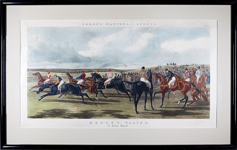After John Frederick Herring (British, 1785-1865): After John Frederick Herring (British, 1785-1865), "A False Start" and "The Run", 1856, two hand colored engravings, from Fore's National Sports series, sight 24 in. x 44 1/2 in., framed