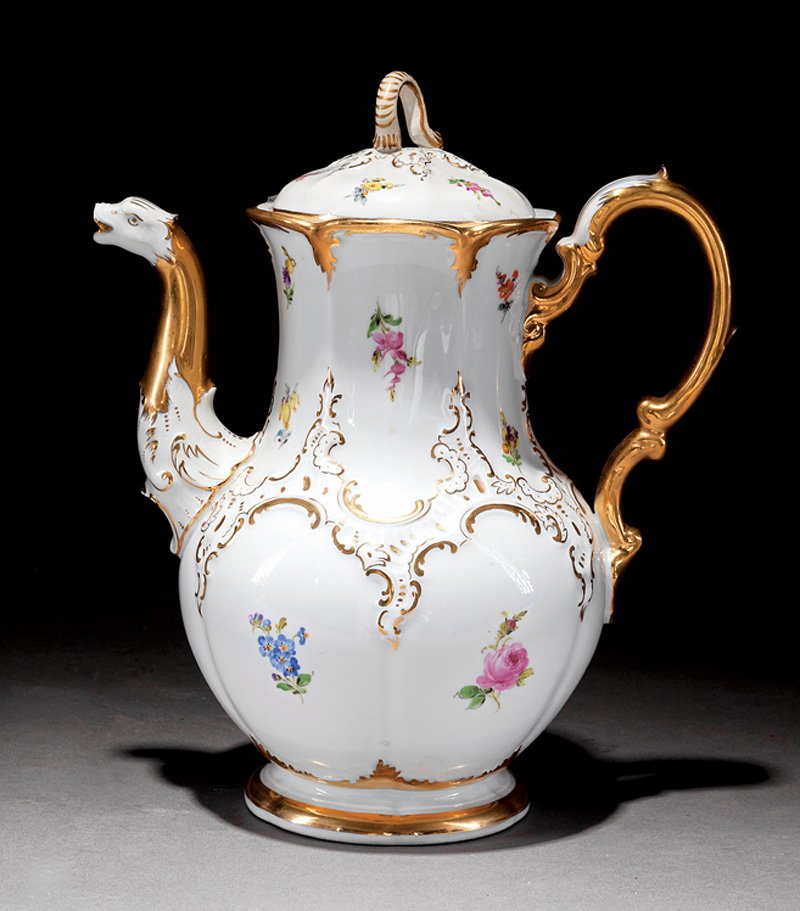 Meissen Polychrome, Gilt Molded Porcelain Coffee Pot: Meissen Polychrome and Gilt Molded Porcelain Coffee Pot, underglaze blue crossed swords mark, figural spout, painted floral sprays, h. 9 3/4 in
