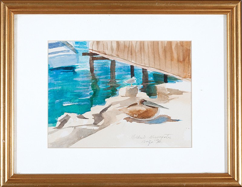 Mildred Nungester Wolfe (American/Mississippi): Mildred Nungester Wolfe (American/Mississippi, 1912-2009), "Pelican by the Dock", 1990, watercolor, signed and dated lower right, sight 6 3/4 in. x 7 3/4 in., framed