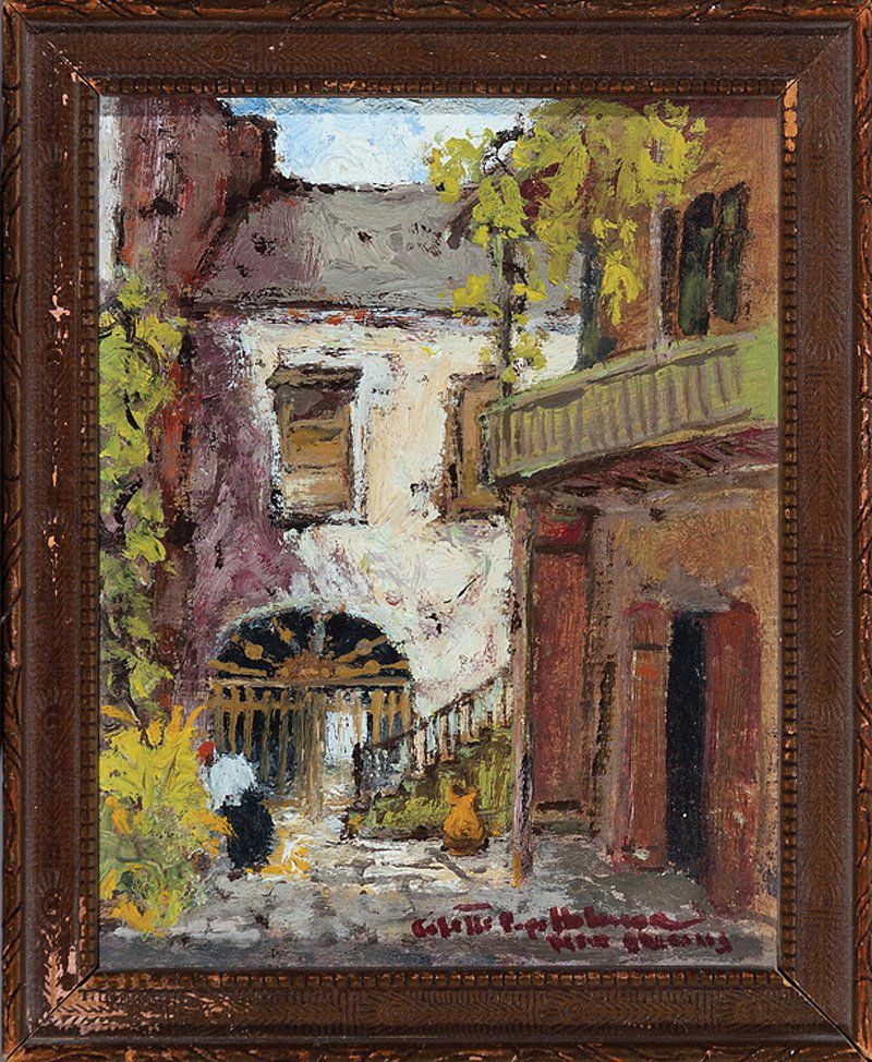 Colette Pope Heldner (American/New Orleans, 1902): Colette Pope Heldner (American/New Orleans, 1902-1990), "Old Courtyard, St. Peter St., New Orleans", oil on board, signed and inscribed "New Orleans" lower right, signed, titled en verso, 5 in. x 4 in