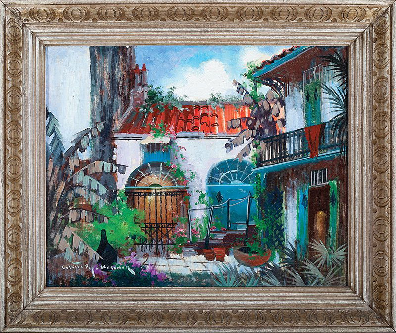 Colette Pope Heldner (American/New Orleans, 1902): Colette Pope Heldner (American/New Orleans, 1902-1990), "Old Creole Patio, French Quarter, New Orleans" and "Old Slave Quarter, French Quarter, New Orleans", 2 oils on canvas board, each signed lower
