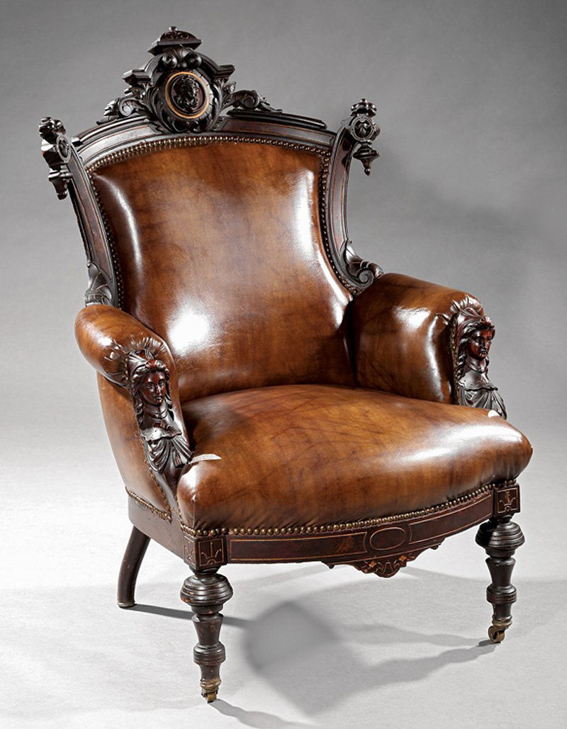Carved Rosewood, Burl Walnut Armchair, attr. Jelliff: American Renaissance Carved Rosewood and Burl Walnut Armchair, late 19th c., attr. John Jelliff, Newark, New Jersey, crest with medallion, waisted back, figural arm supports, turned legs, h. 43 in., w