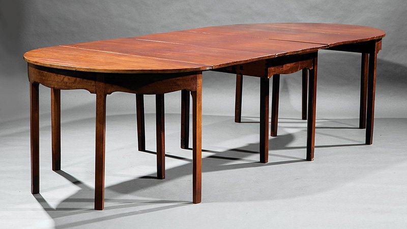 George III-Style Mahogany Three Part Dining Table: Antique George III-Style Mahogany Three Part Dining Table, late 19th c., demilune ends, central section with drop leaves, Marlborough legs, h. 30 in., dia. 48 in., central table w. 23 in., extended l.