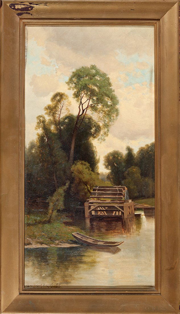 Charles "Harry" Eaton (American, 1850-1901): Charles "Harry" Eaton (American, 1850-1901), "The Old Mill Wheel on Conesus Creek, NY" and "A Bit of Conesus Lake", 2 oils on canvas, both signed lower left and titled on stretcher, each 20 1/4 in. x