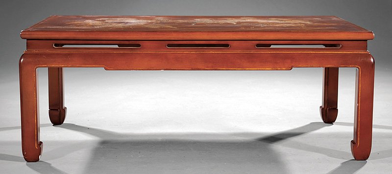 Chinoiserie Lacquered Wood Low Table: Chinoiserie Lacquered Wood Low Table, waisted rectangular top decorated with mounted figures, square legs, hoof feet, h. 18 1/2 in., w. 48 in., d. 24 in