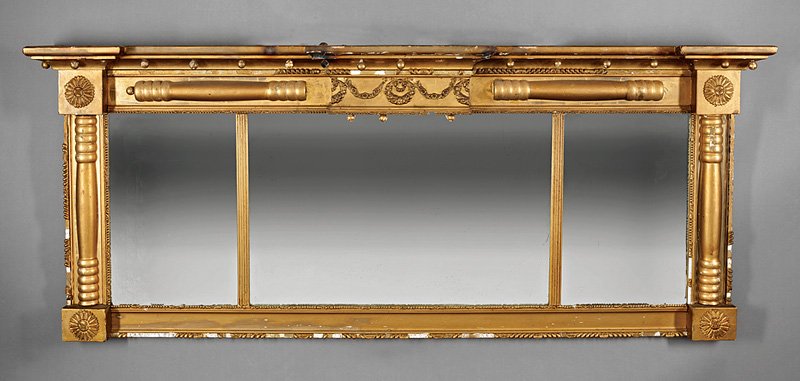 American Classical Gilt Overmantel Mirror: American Classical Gilt Overmantel Mirror, 19th c., cornice with applied spherules, split baluster frame, rosette corners, divided mirror plate, h. 26 1/2 in., w. 64 3/4 in. Provenance: Temple Heights