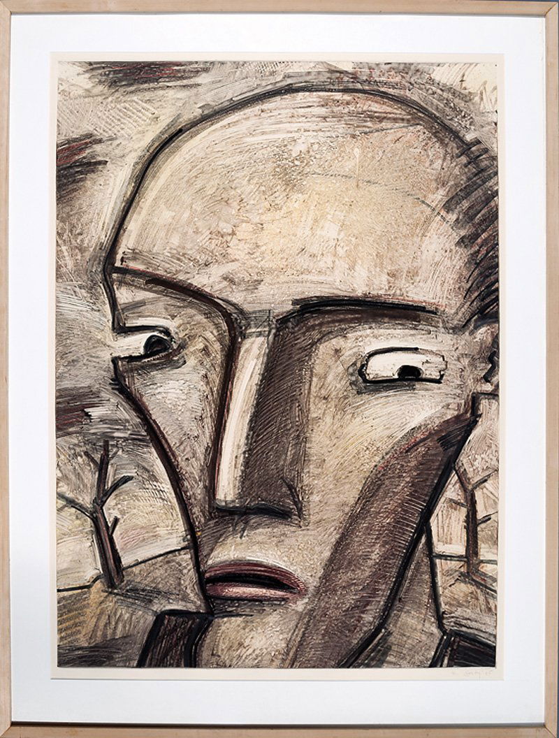 Robert Gordy (American/Louisiana, 1933-1986): Robert Gordy (American/Louisiana, 1933-1986), "Male Head", 1985, sepia tone monotype, pencil-signed and dated lower right, sight 42 in. x 30 3/4 in., framed. Provenance: Arthur Roger Gallery, New Orle