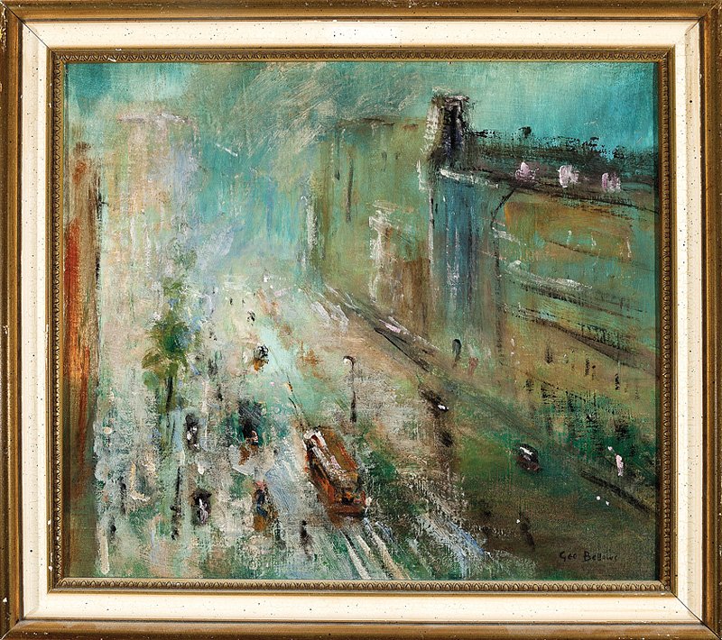 American School, 20th c.: American School, 20th c., "City Street Scene", oil on canvas, bears signature "Geo. Bellows" lower right, "Lucas" frame stamp en verso, 15 3/4 in. x 18 in., framed