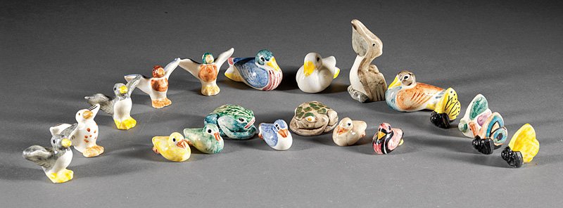 Twenty Shearwater Pottery Animal Figurines: Twenty Shearwater Pottery Animal Figurines, c. 1980s, incl. 5 gulls, 3 large ducks, 5 small ducks, pelican, 2 frogs and 4 butterflies, all marked, pelican h. 3 1/4 in