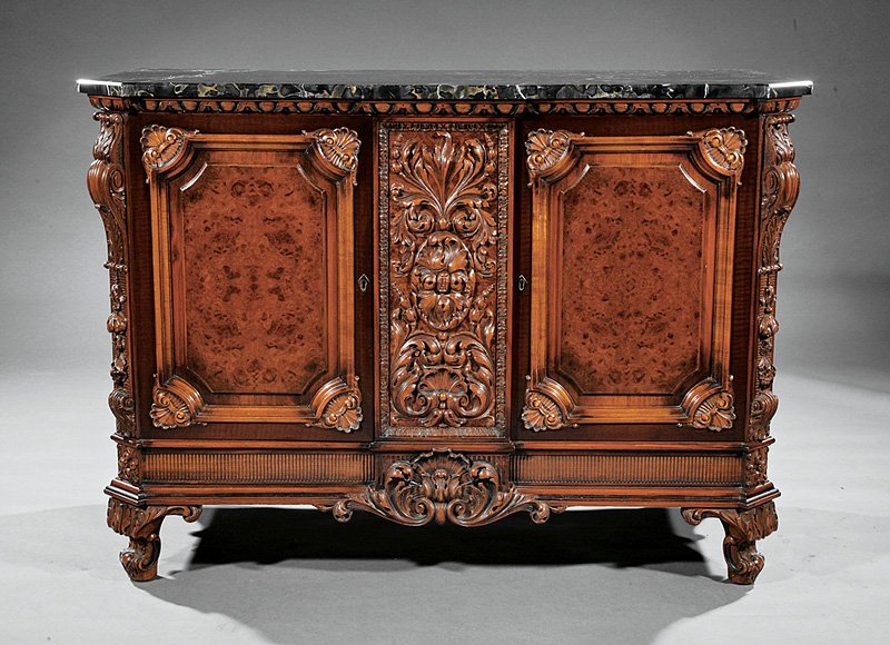 Colonial Revival Carved and Burled Walnut Buffet: American Colonial Revival Carved and Burled Walnut Buffet, early 20th c., attr. to Berkey and Gay, Grand Rapids, Michigan, marble top, canted corners, paneled doors, broken scroll legs, h. 35 in., w. 