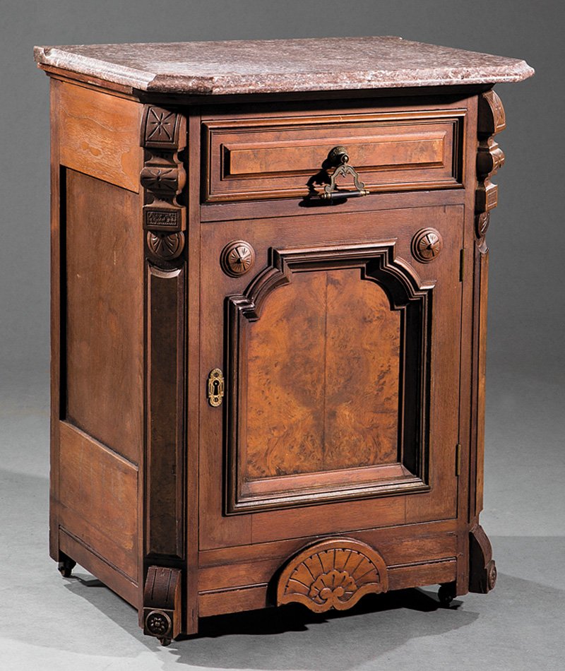American Carved and Burl Walnut Cabinet: American Carved and Burl Walnut Cabinet, late 19th c., molded marble top with canted corners, frieze drawer over shaped recessed panel door, incised stiles, shell apron, casters, h. 31 1/2 in., w. 23 
