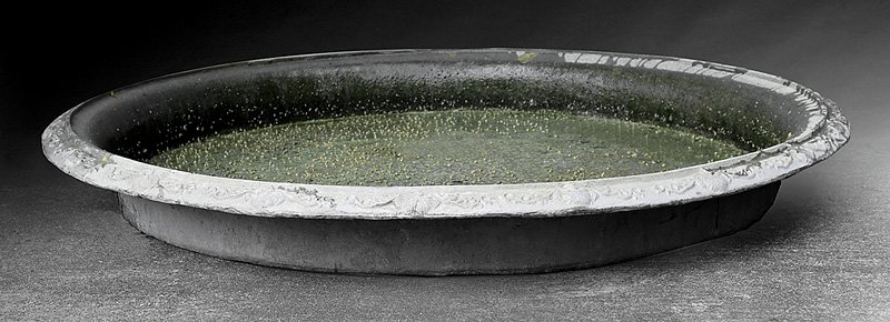 Cast Patinated Garden Basin: Antique Cast Patinated Garden Basin, with foliate and shell border, h. 9 1/2 in., dia. 83 in. Provenance: Ex-Collection of Judge Reuben Lee "Buzz" Harper (1937-2011), Natchez and New Orleans