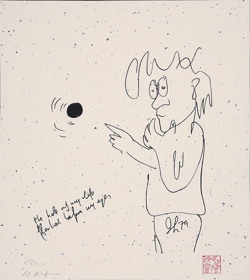 John Lennon (British/New York, 1940-1980): John Lennon (British/New York, 1940-1980), "The Hole of My Life, Flashed Before My Eyes, 1979", serigraph, initialed "J.L." and dated in plate, pencil-signed "Yoko Ono Lennon", numbered "156/300" and