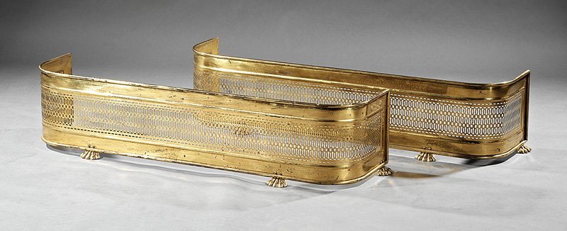Pair of Brass Fireplace Fenders: Pair of Antique Brass Fireplace Fenders, h. 11 1/4 in., w. 50 in., d. 12 1/2 in. Provenance: Estate of Mina Anne Graning Stowers, the Banker's House, Natchez, MS