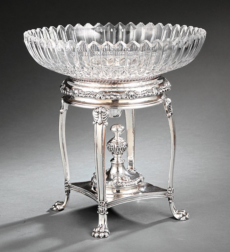 Sheffield Plate Centerpiece: Antique Sheffield Plate Centerpiece, 19th c., diamond cut crystal center bowl, stand with acanthus, shell and foliate border, gadrooned rim, paw feet, h. 12 3/8 in., dia. 11 7/8 in