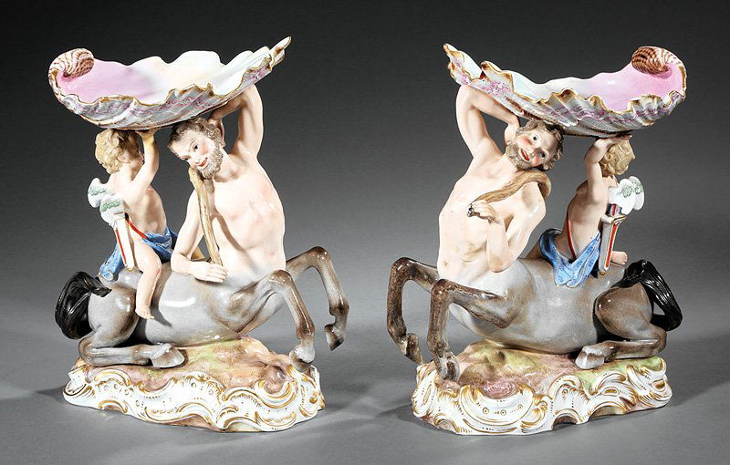 Meissen Porcelain "Centaur" Figural Compotes: Pair of Meissen Porcelain "Centaur" Figural Compotes, underglaze blue crossed swords marks, h. 10 1/4 in., w. 8 1/4 in. Note: Scattered small losses