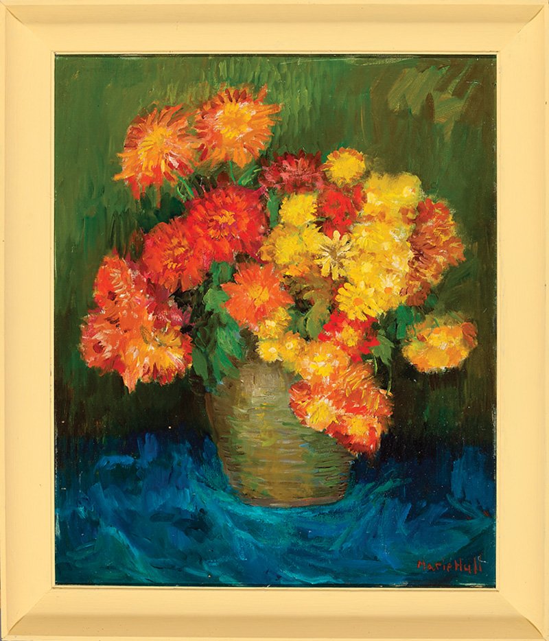 Marie Atkinson Hull (American/Mississippi): Marie Atkinson Hull (American/Mississippi, 1890-1980), "Still Life of Chrysanthemums in a Pottery Vase", oil on canvas board, signed lower right, signed, titled and inscribed en verso, 24 in. x 20 in.