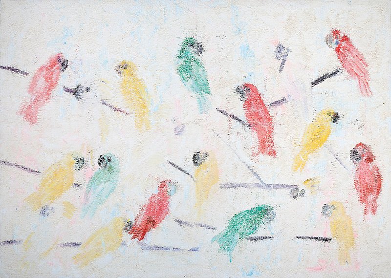 Hunt Slonem (American/Louisiana, b. 1951): Hunt Slonem (American/Louisiana, b. 1951), "Conure Picul", 2001, oil on canvas, signed, dated and titled en verso, 60 in. x 84 in., unframed