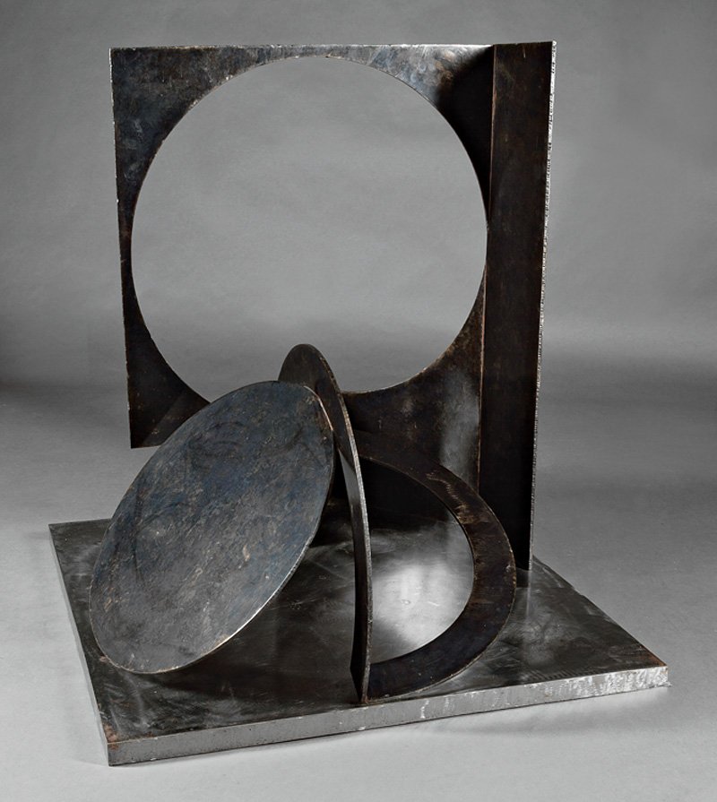 Fletcher Benton (American/California, c. 1931): Fletcher Benton (American/California, b. 1931), "Folded Square Alphabet O", 1979, steel, signed, dated, and titled lower center of reverse, h. 38 in., w. 33 1/2 in., d. 35 in. Provenance: Property of