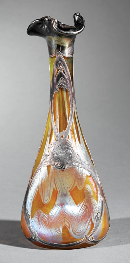 Art Glass, Silver Overlay Vase, attr. Loetz: Continental Art Glass and Sterling Silver Overlay Vase, c. 1900, attr. to Loetz, yellow glass with iridescent decoration, Art Nouveau silver overlay hallmarked LaPierre, wc. New York and Newark, NJ, 1