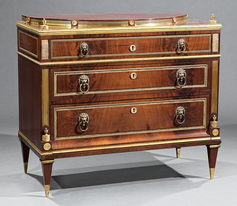 Neoclassical-Style Brass-Mounted Mahogany Commode: Continental Neoclassical-Style Brass-Mounted Mahogany Commode, demilune superstructure, finialed corners, three drawers, fluted stiles, tapered square legs, brass caps, h. 34 in., w. 37 3/4 in., d. 18