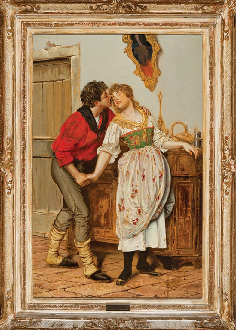 Continental School, late 19th/early 20th c.: Continental School, late 19th/early 20th c., "The Clandestine Meeting", oil on canvas, unsigned, 34 1/2 in. x 22 1/4 in., framed with brass title plaque. Provenance: According to the frame plaque, thi