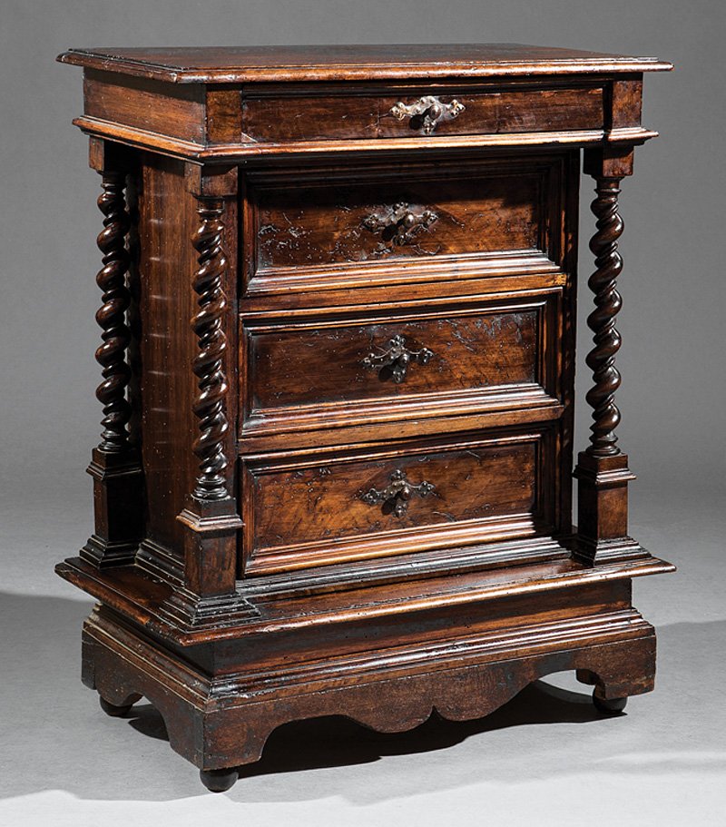 Italian Baroque-Style Carved Walnut Credenza: Antique Italian Baroque-Style Carved Walnut Credenza, probably 19th c., molded top, four paneled drawers, spiral turned columns, stepped base with shaped molding, bracket feet with balls, h. 38 in., w