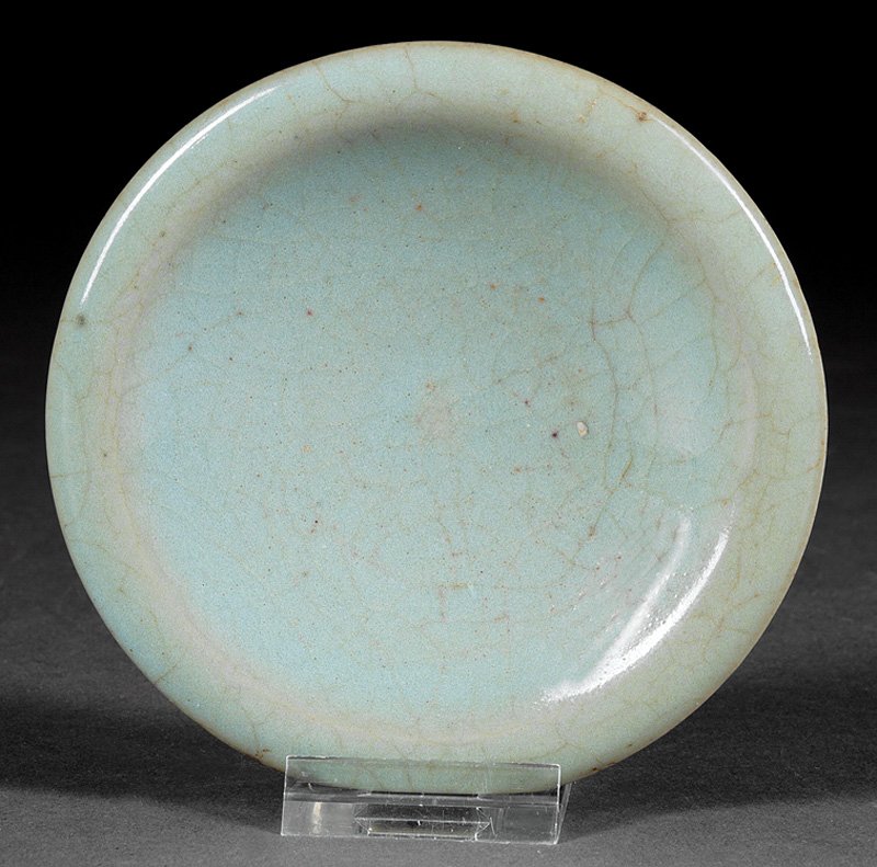 Chinese Junyao Pottery Dish: Chinese Junyao Pottery Dish, probably Song Dynasty (960-1279), circular body with rounded down-turned rim, base with partial "George Eumorfopoulos / 694" and "British Antique Dealers Association" labe