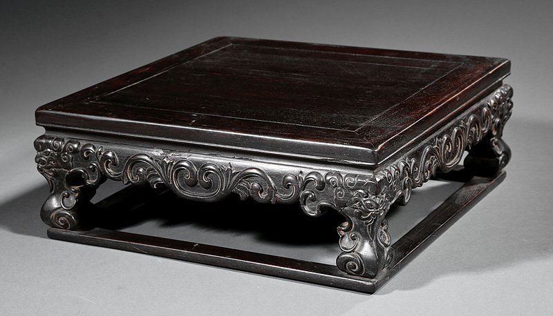 Chinese Hardwood Tray Table/Stand: Chinese Hardwood Tray Table/Stand, inset square top, scroll carved apron, four scroll feet, stretcher base, h. 4 5/8 in., w. 12 5/8 in., d. 12 5/8 in.
