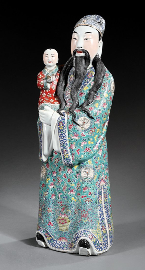Chinese Enameled Porcelain Figure of Fuxing: Chinese Enameled Porcelain Figure of Fuxing, probably early-to-mid 20th c., modeled wearing scholar's robes and holding a child, base with impressed mark, h. 22 1/4 in