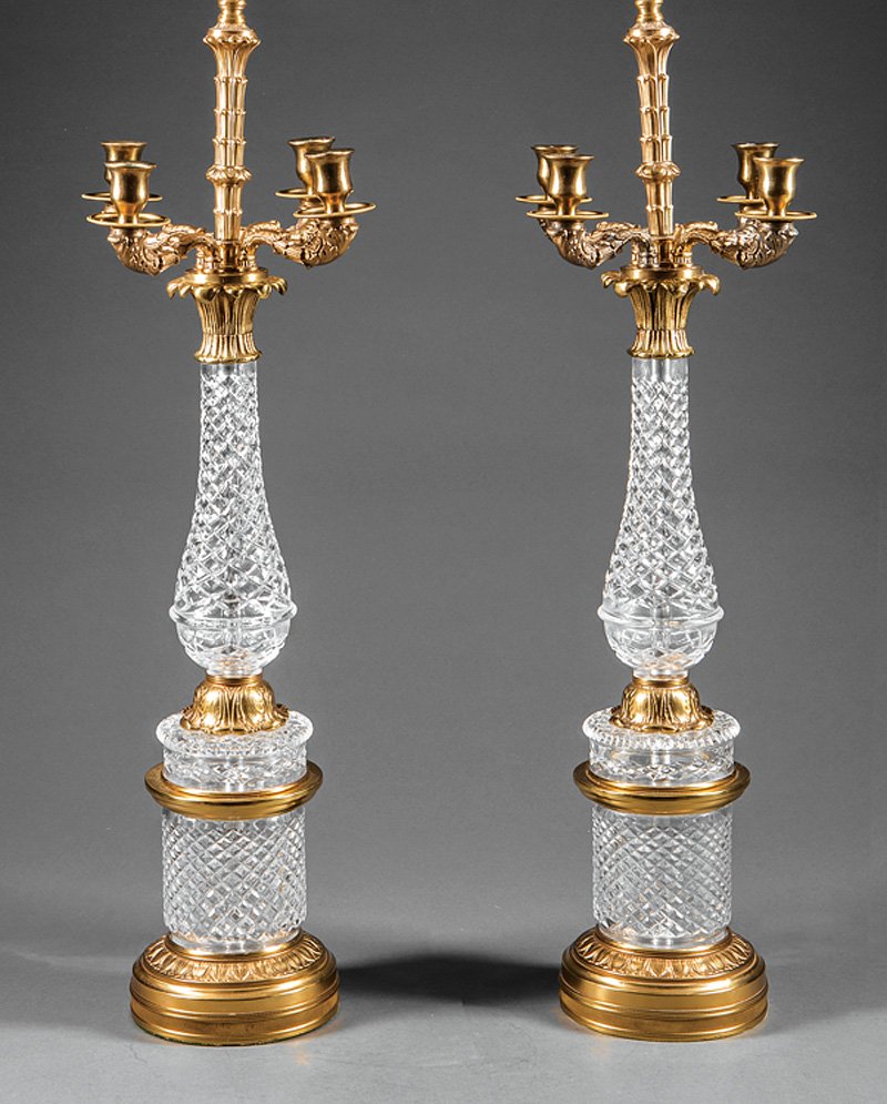 Gilt Metal and Cut-Glass Candelabra Table Lamps: Pair of Louis XVI-Style Gilt Metal and Cut-Glass Four-Light Candelabra Table Lamps, Warren Kessler, New York, diamond-cut urn standard, h. to finial 33 1/2 in., dia. 6 1/2 in. Provenance: Collection o