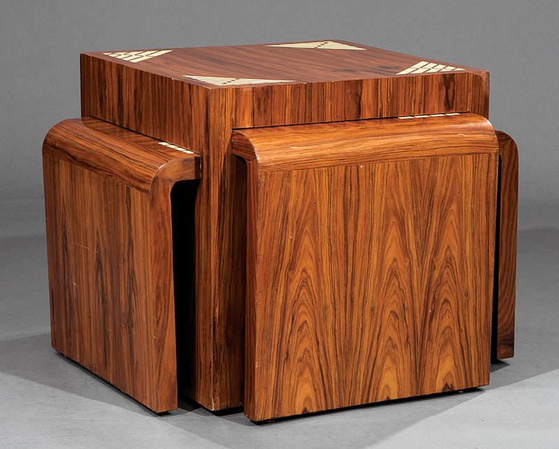 Inlaid Rosewood Nesting Quartetto Tables: Art Deco-Style Inlaid Rosewood Nesting Quartetto Tables, geometric inlaid tops, overall h. 22 1/2 in., w. 42 in., d. 38 in