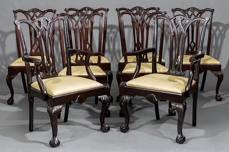 Chippendale Carved Mahogany Dining Chairs: Eight American Centennial Chippendale Carved Mahogany Dining Chairs, in the style commonly referred to as "Robert Morris" after the Philadelphia examples, incl. two arm and six side chairs, shaped cre