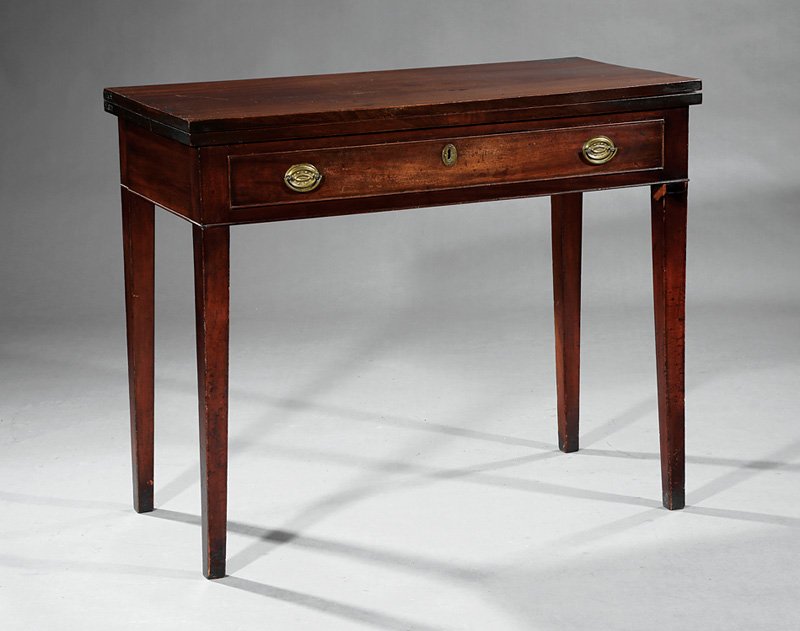American Federal Mahogany Games Table: American Federal Mahogany Games Table, late 18th/early 19th c., foldover top, frieze drawer, tapered square legs, h. 29 5/8 in., w. 36 in., d. 17 5/8 in