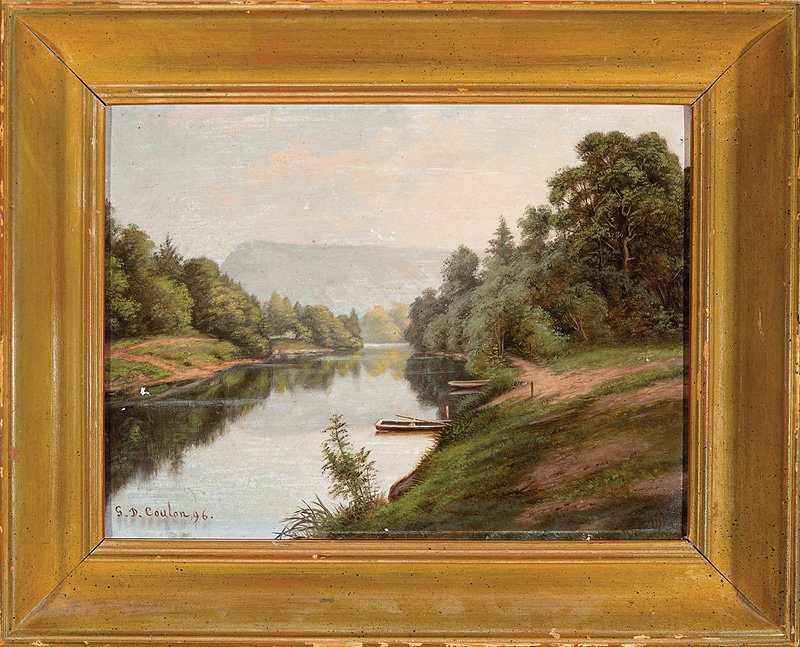 George David Coulon (French/New Orleans, 1822): George David Coulon (French/New Orleans, 1822-1904), "Scottish Scenery, View on the Tay, Above Dunkeld", 1896, oil on academy board, signed and dated lower left, signed, titled, dated and inscribed "N