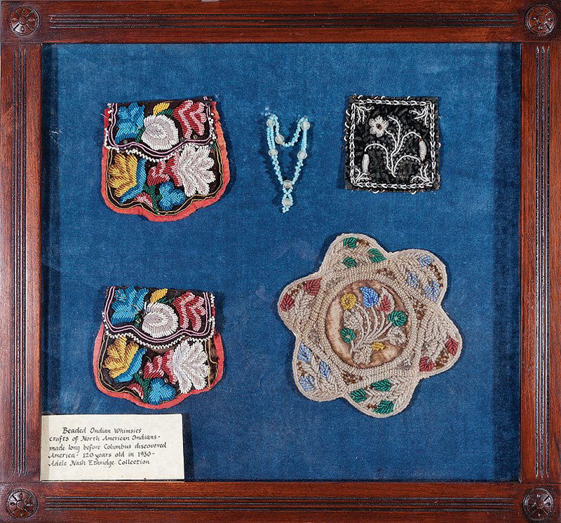 Five Indian Beaded Whimsies: Five Antique Indian Beaded Whimsies, c. 1890, probably Iroquois or Seneca, incl. a pair of pouches, necklace, two floral panels, mounted and framed, 23 in. x 25 in. Provenance: Adele Nash Ethridge (18