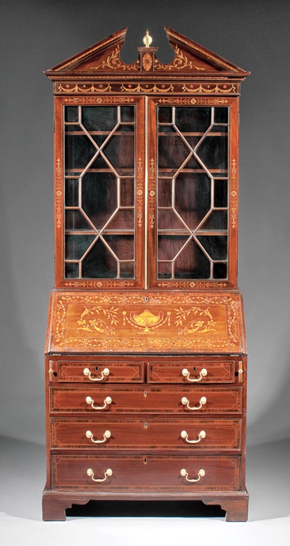 Edwardian Inlaid Mahogany Secretary Bookcase: Edwardian Inlaid Mahogany Secretary Bookcase, c. 1900, in the Georgian taste, broken pediment with brass finial, astragal glazed doors, slant front lid, fitted desk interior, two short over three grad