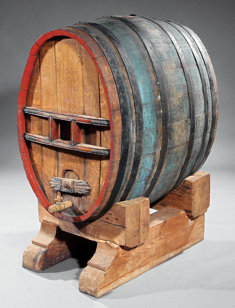 French Oak and Iron-Banded Wine Cask: French Oak and Iron-Banded Wine Cask, red painted accents, h. 37 in., w. 25 in., d. 40 in