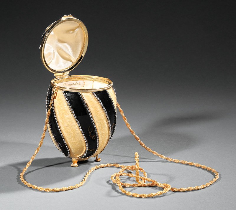 Vivian Alexander Rhea Egg Minaudiere: Vivian Alexander Enameled and Crystal Bead Rhea Egg Minaudiere, c. 2000, black and white "Duchess II" design, "Designer Collection", reg. #200176, gold-tone hardware, silk lined interior with "Vivian 