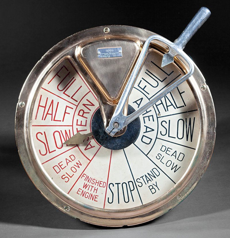 Brass Ship Engine Order Telegraph and Receiver: American Brass Ship Engine Order Telegraph and Receiver, 20th c., wall mounted, both marked "Henschel Corporation, Amesburg, Mass.", telegraph h. 20 1/2 in., dia. 19 1/4 in., receiver h. 14 in., dia.