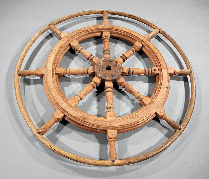 American Teakwood and Oak Ship's Wheel: Large American Teakwood and Oak Ship's Wheel, 20th c., dia. 48 1/2 in