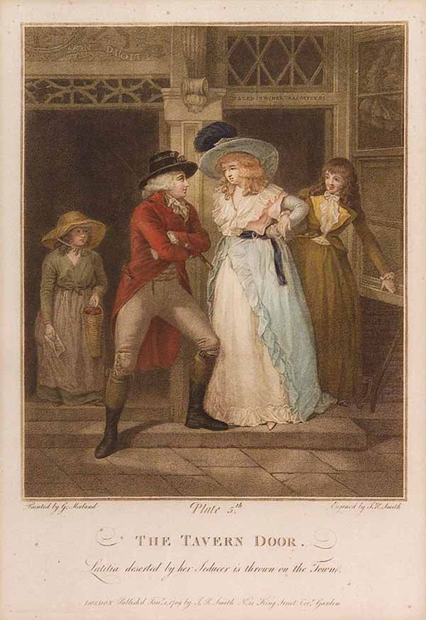 John Raphael Smith, After George Morland, Pair of: John Raphael Smith (British, 1852-1812), After George Morland (British, 1763-1804) , a pair of prints of "The Elopement, Plate 2" and "The Tavern Door, Plate 5", from the Laetitia Series, hand-colored