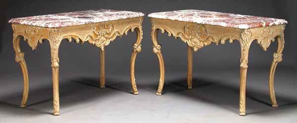 Fine Pair of Regence-Style Painted and Carved Con: A Fine Pair of Regence-Style Painted and Carved Console Tables , each retaining breche des alpes marble tops, on four cabriole legs , height 32 in., width 49 in., depth 24 in * NO RETURNS ARE ACCEPTED