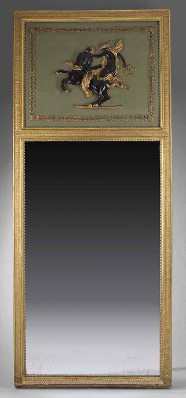 Neo-Classical Carved and Gilded Pier Mirror, c. 1: A Fine Continental Neo-Classical Carved and Gilded Pier Mirror , c. 1820, possibly French, the upper panel painted green and centering the finely carved and modelled allegorical figures; very sound, s