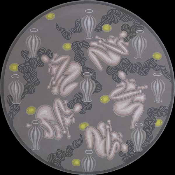 Robert P. Gordy, Acrylic on Canvas, Signed: Robert P. Gordy (American/New Orleans, 1933-1986) , "Urns, Lemons and Females", acrylic on canvas, signed and dated "1966", tondo 32 in. diameter. Provenance: Exhibited and reproduced in the catalogue